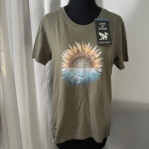 Life Is Good Olive Sunflower & Wave Graphic Tee